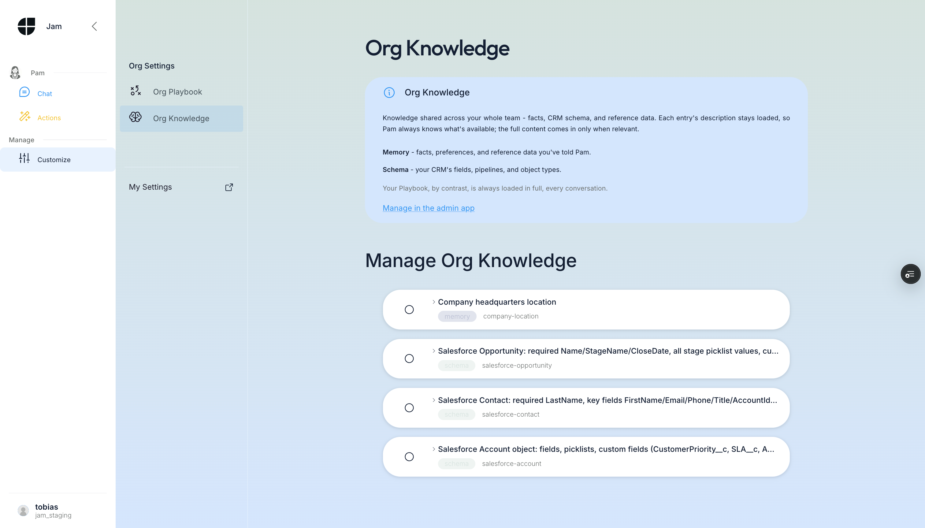 Org Settings > Org Knowledge, read-only, with a link across to the platform