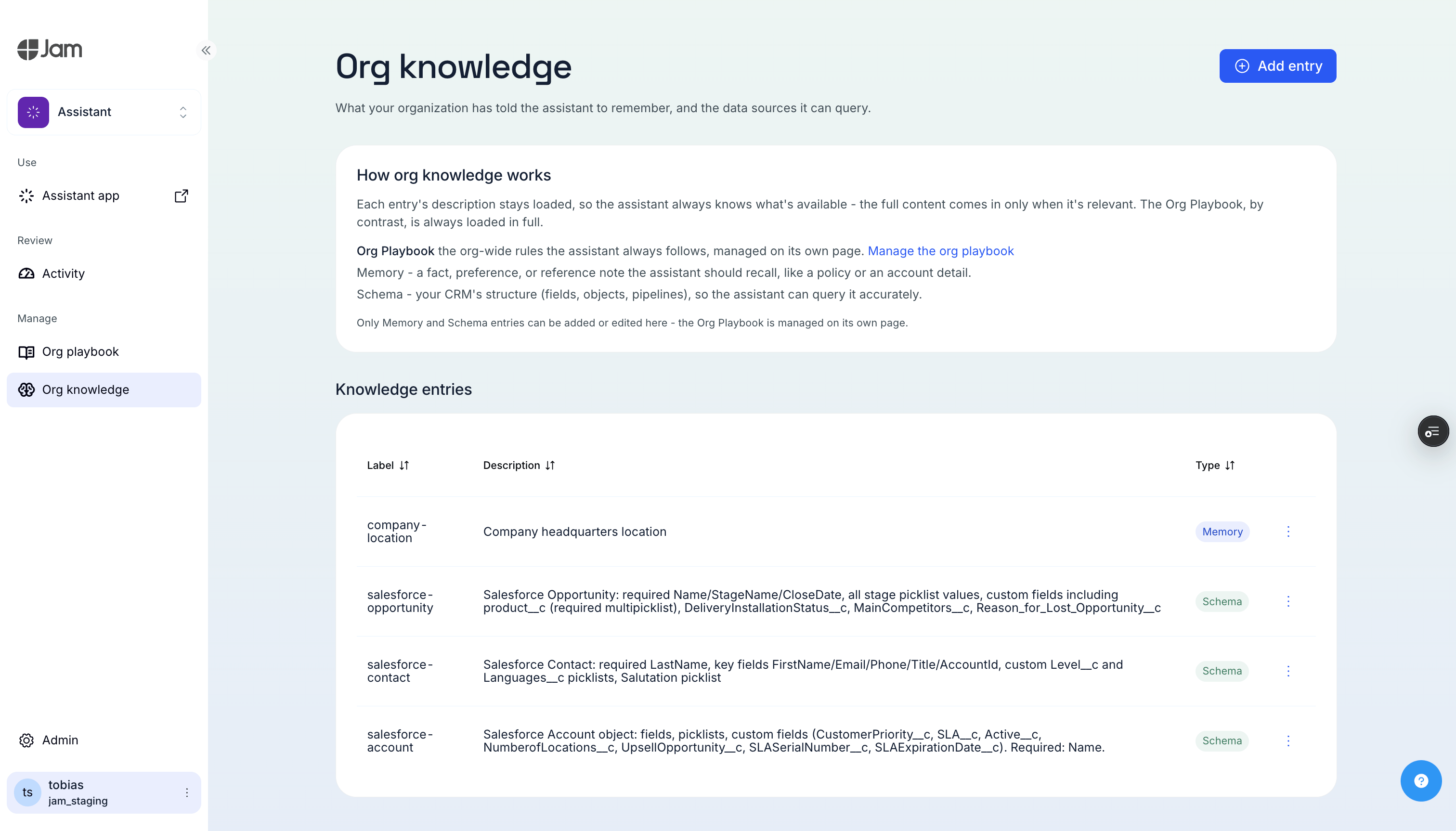 Org Knowledge page on the platform, showing the explanation card and entry table