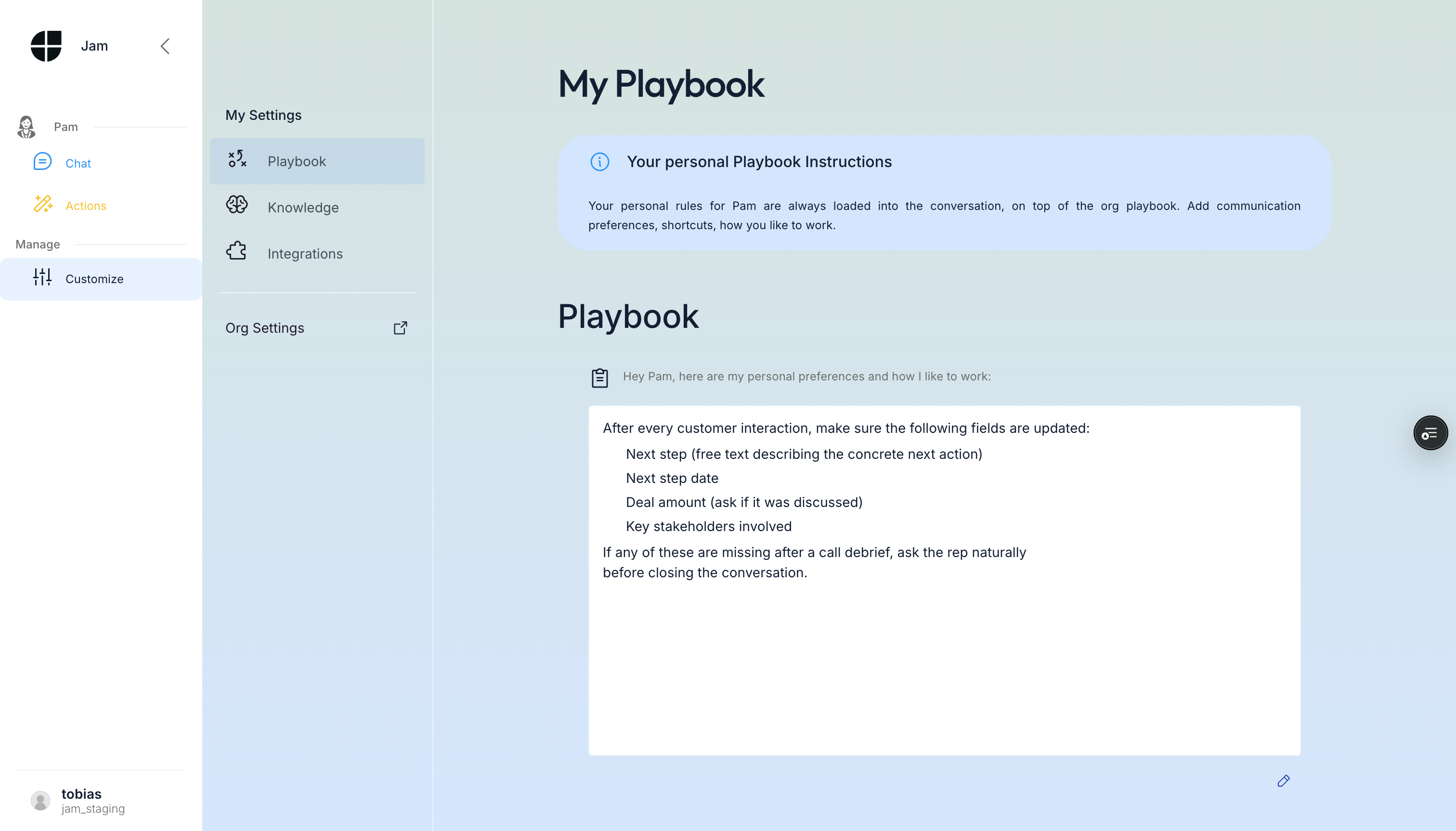 My Settings > Playbook page in the Assistant app