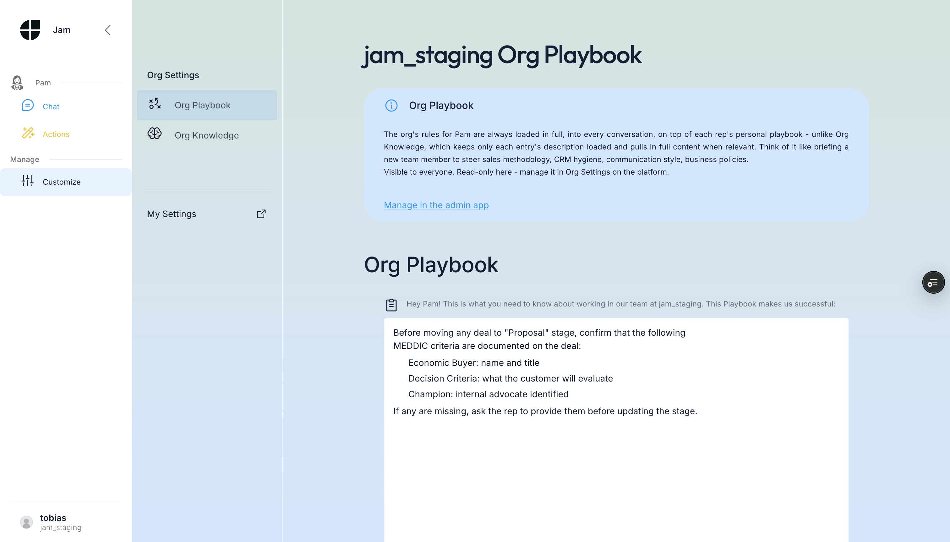 Org Settings > Org Playbook, read-only, with a link across to the platform