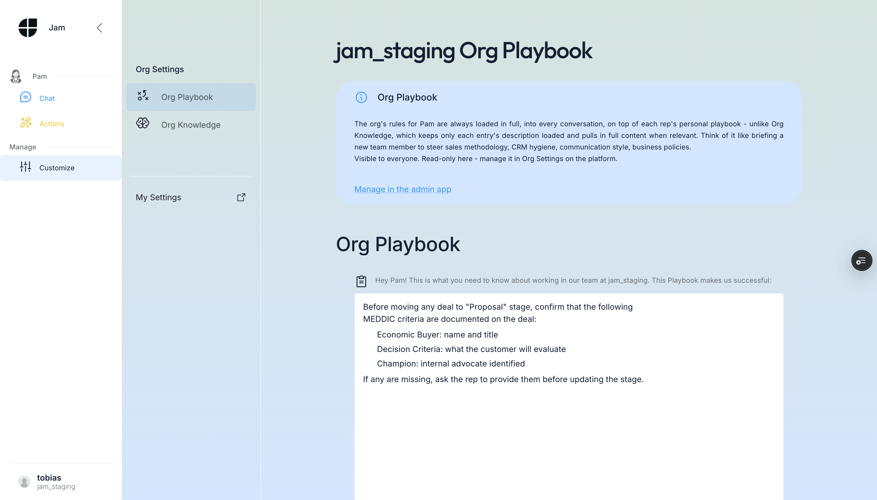 Org Settings > Org Playbook, read-only, with a link across to the platform