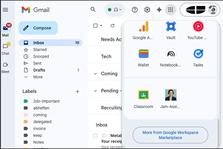 Jam Trainer App visible in the Google Workspace app grid