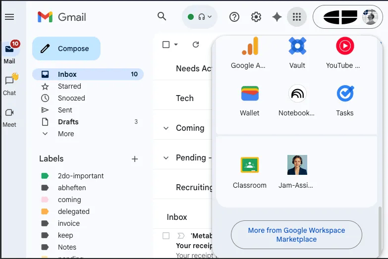 Jam Trainer App visible in the Google Workspace app grid