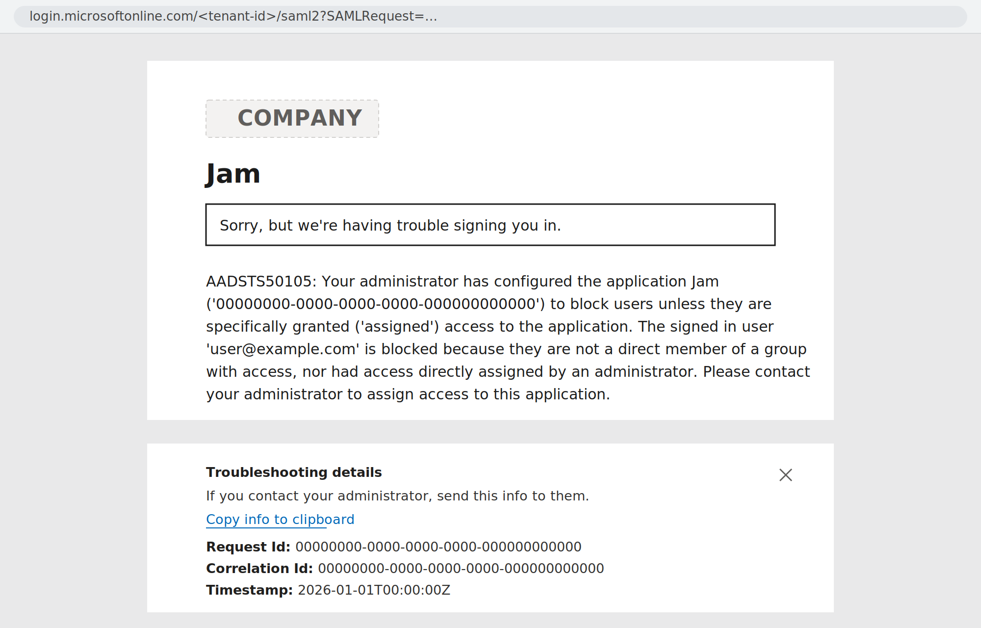 AADSTS50105 error shown on the Microsoft sign-in page