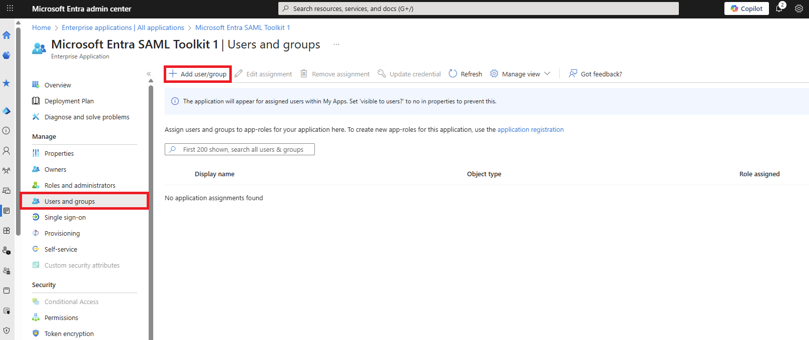 The Users and groups screen for an enterprise app in Microsoft Entra, with Add user/group highlighted