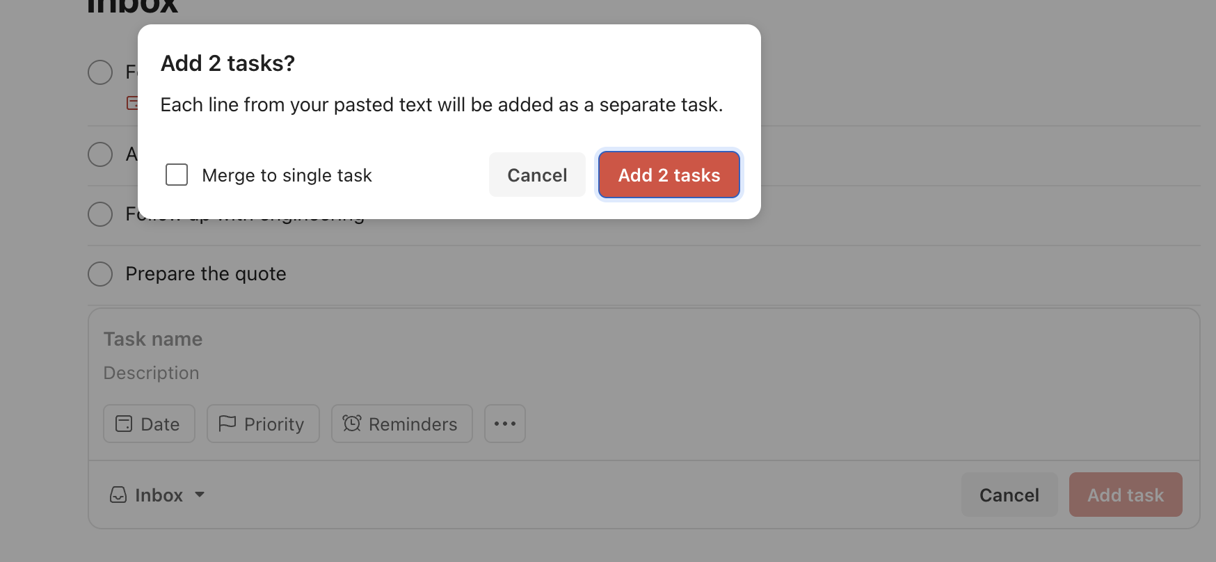 Copying tasks to Todoist