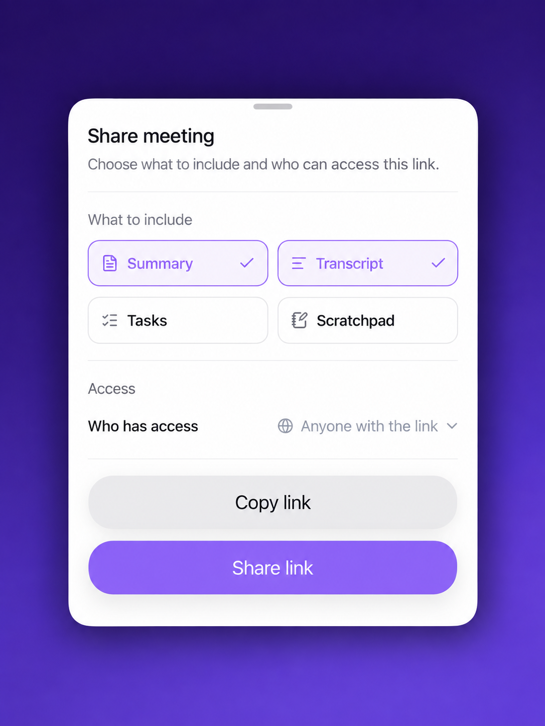 Mobile Share meeting panel with Summary and Transcript selected, Tasks and Scratchpad unselected, access settings, and Copy link and Share link buttons