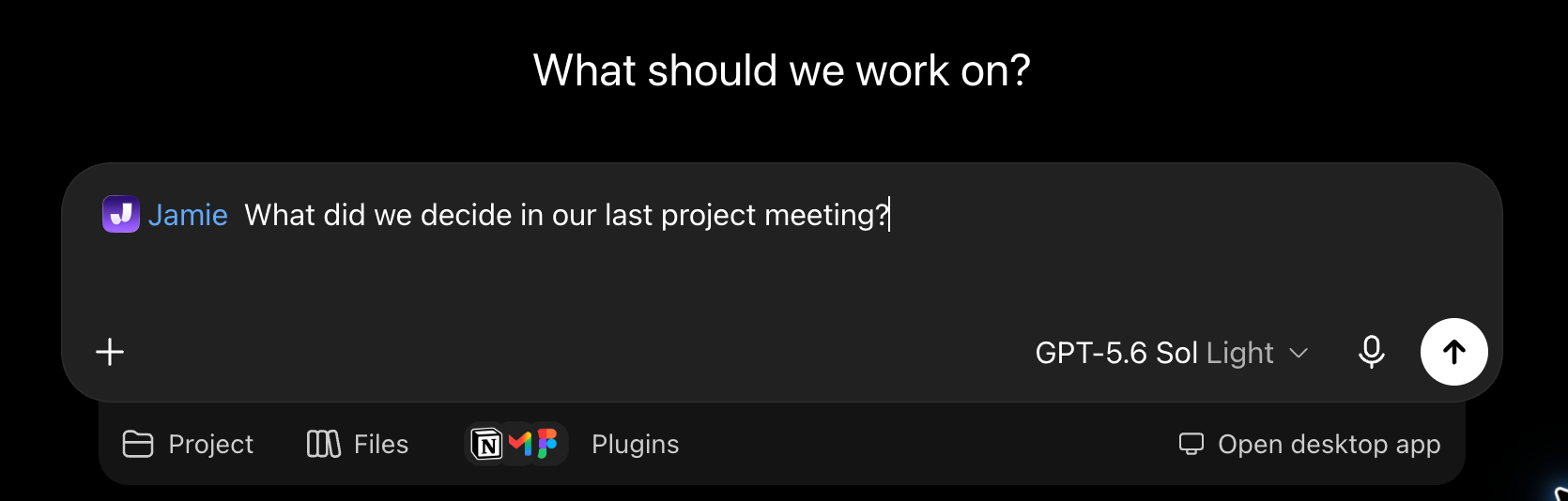A new ChatGPT chat with Jamie selected and an example meeting question
