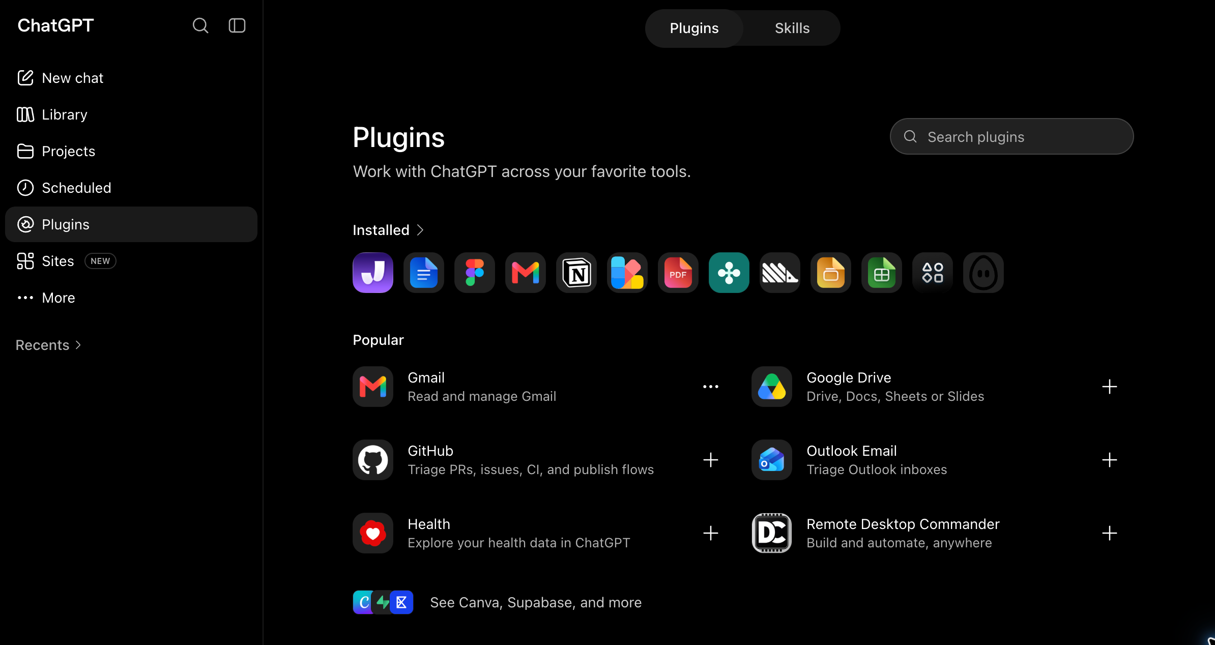 ChatGPT's plugin directory with Plugins selected in the sidebar