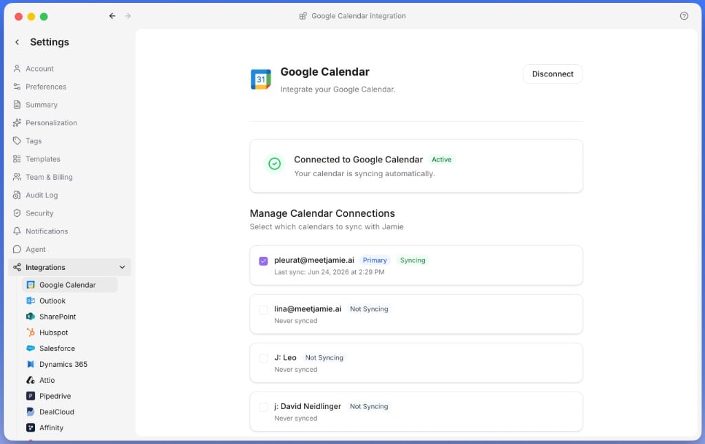 Calendar settings once connected