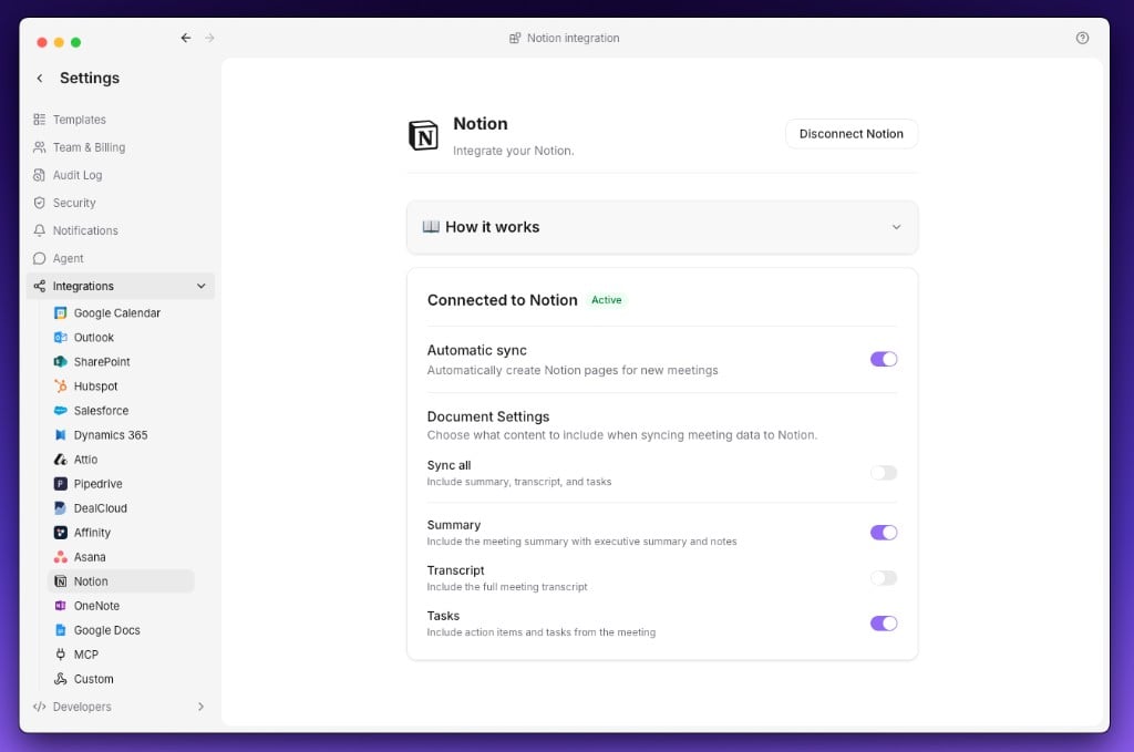 The Integrations settings
