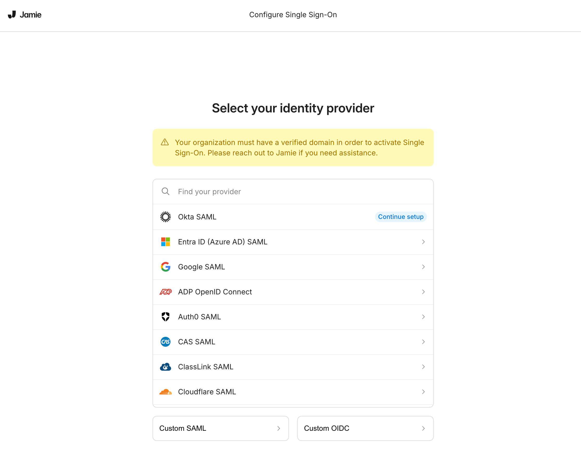 SSO provider selection