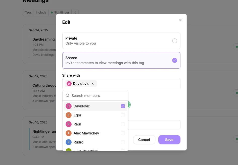 Editing a tag's sharing settings