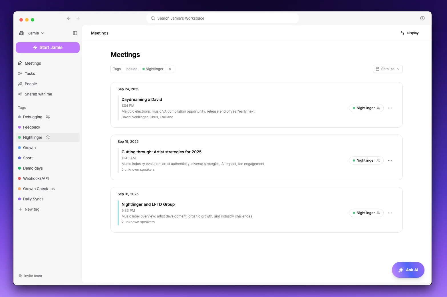Filtering meetings by tag