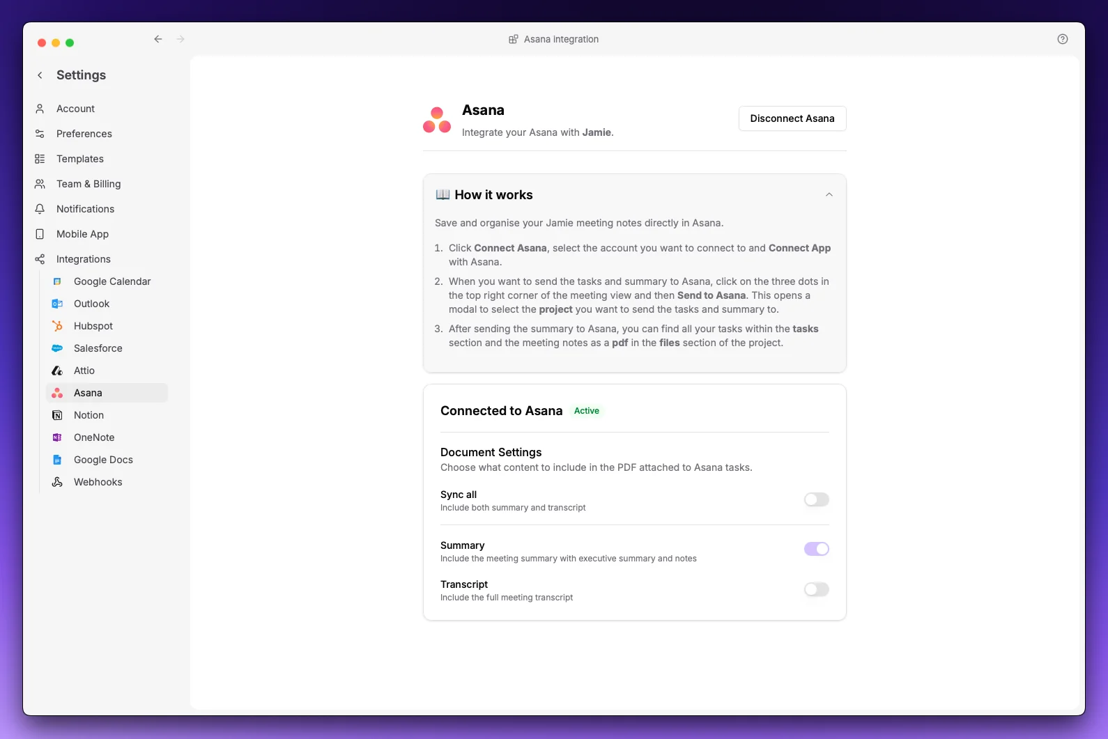Asana Settings