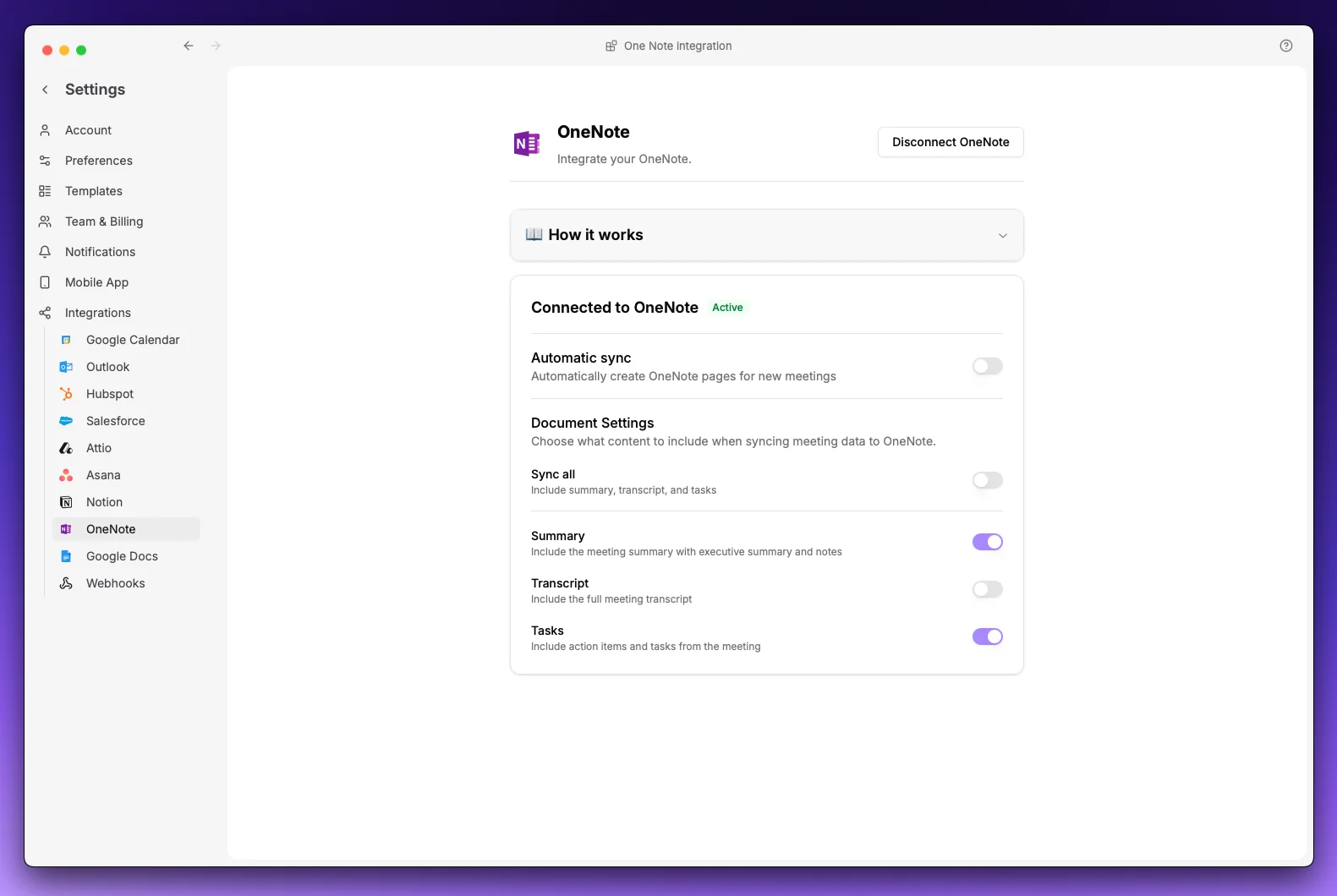 Onenote Settings