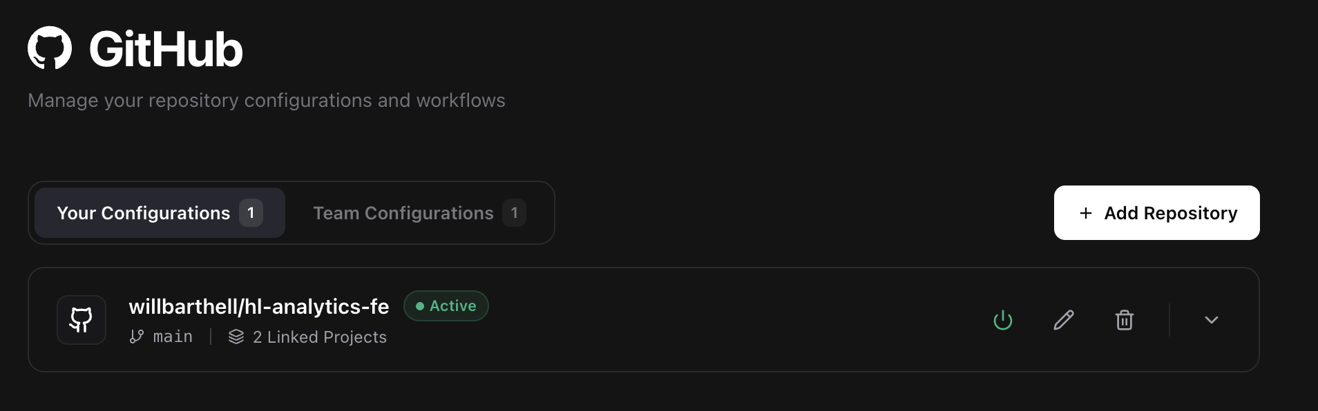 GitHub integration page showing repository cards
