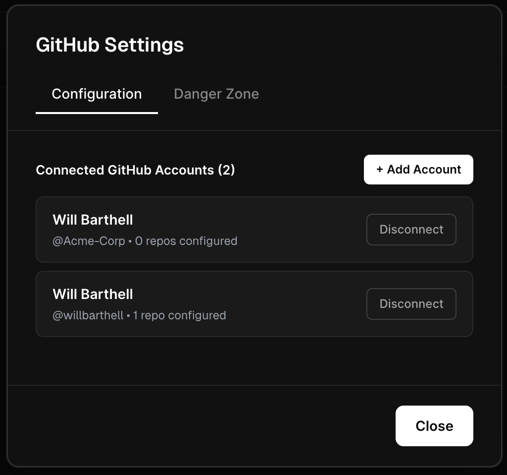 Multiple GitHub accounts in settings modal