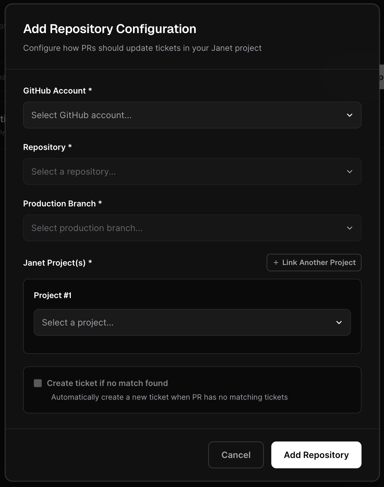 Repository configuration modal