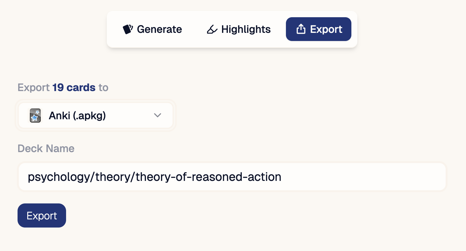 Example of exporting flashcards in Janus