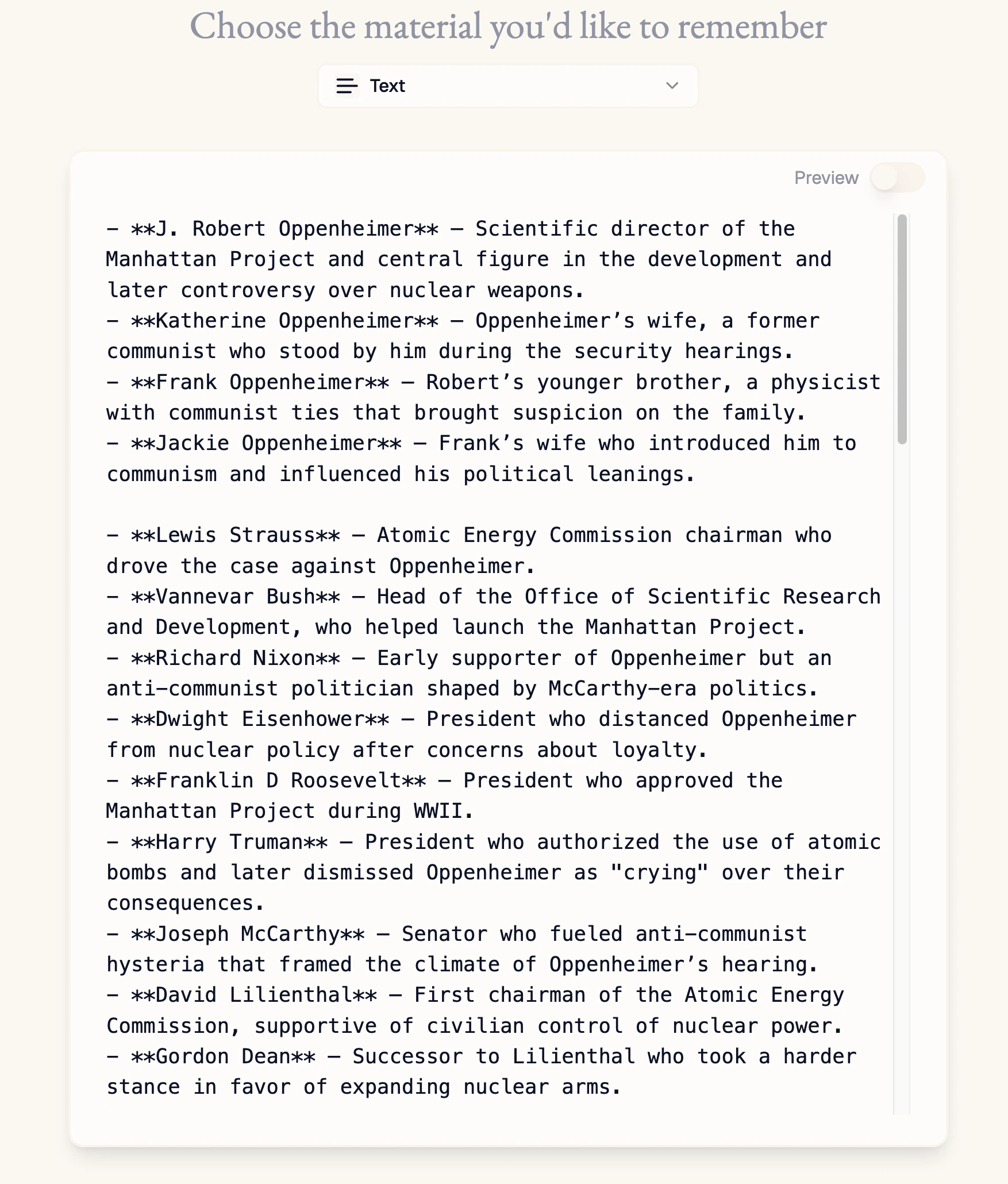 Example of text input, using characters from Oppenheimer's story