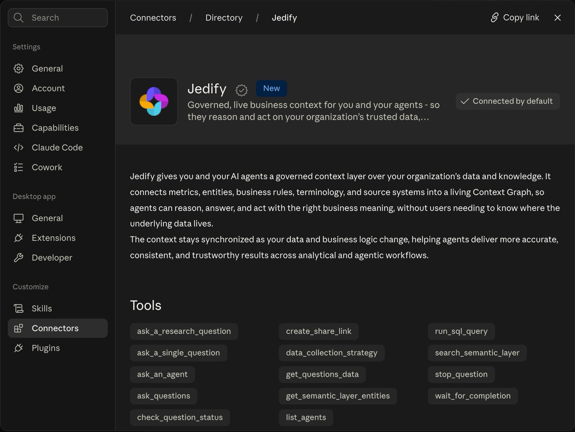 The Jedify connector in the Claude connector directory, showing its tools and the Connected by default status