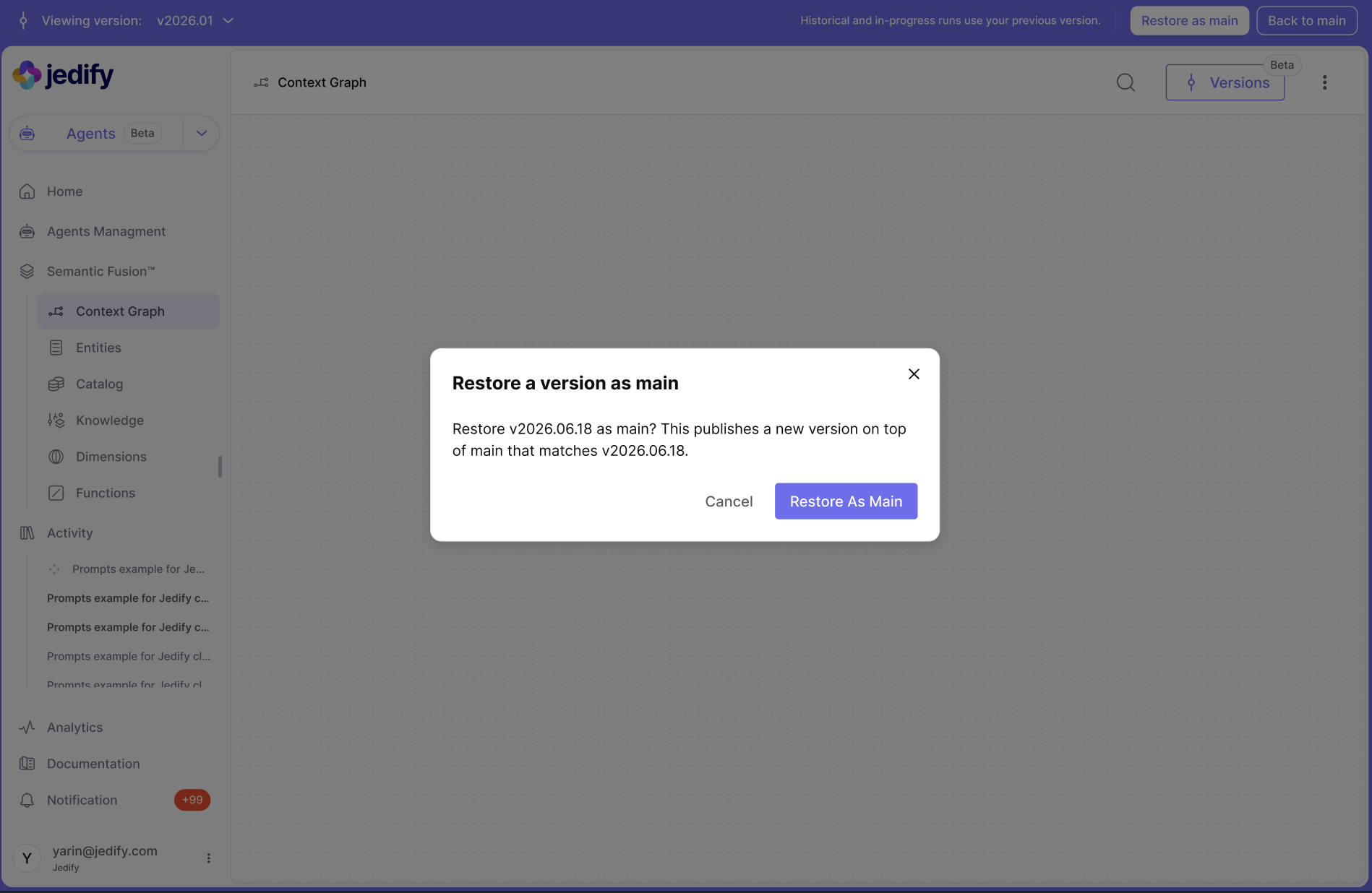 The Restore as main confirmation, shown when restoring an earlier version