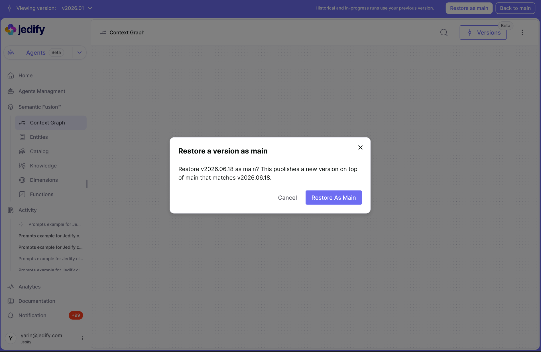 The Restore as main confirmation, shown when restoring an earlier version