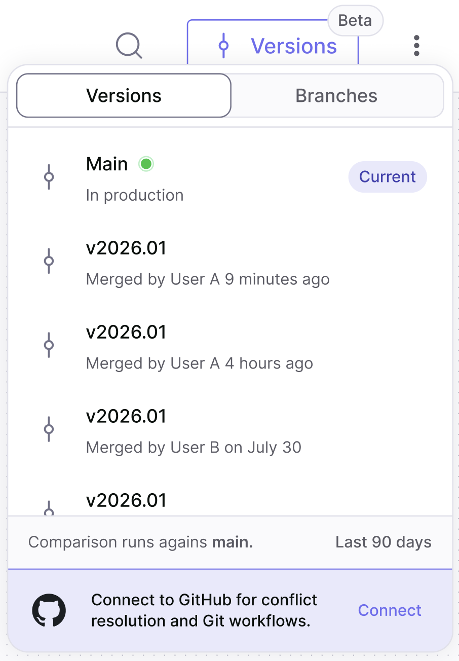 The Versions menu, with a Connect to GitHub prompt beneath the published versions