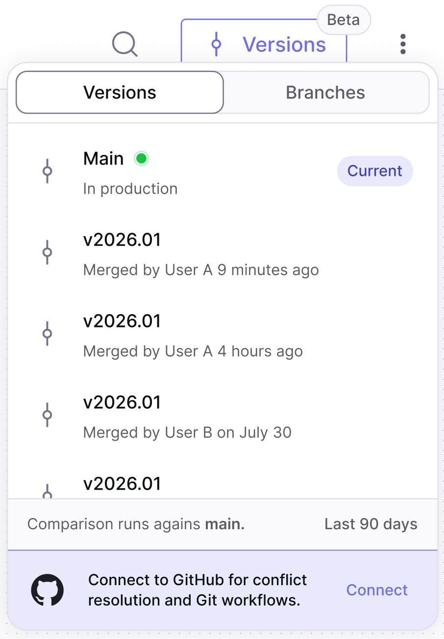 The Versions menu, with a Connect to GitHub prompt beneath the published versions