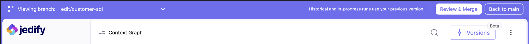 The purple bar reading "Viewing branch", with Review & Merge and Back to main actions