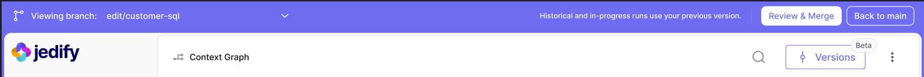 The purple bar reading "Viewing branch", with Review & Merge and Back to main actions