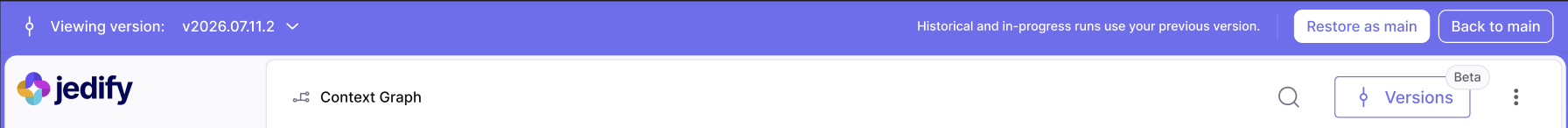 The purple bar reading "Viewing version", with Restore as main and Back to main actions