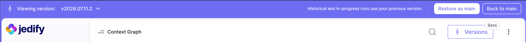 The purple bar reading "Viewing version", with Restore as main and Back to main actions