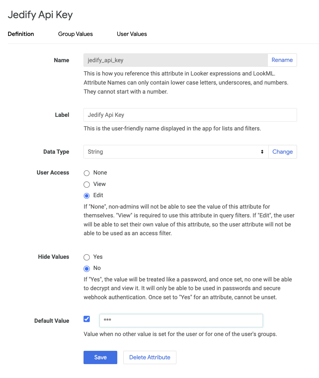 Configuring the jedify_api_key user attribute in Looker Admin