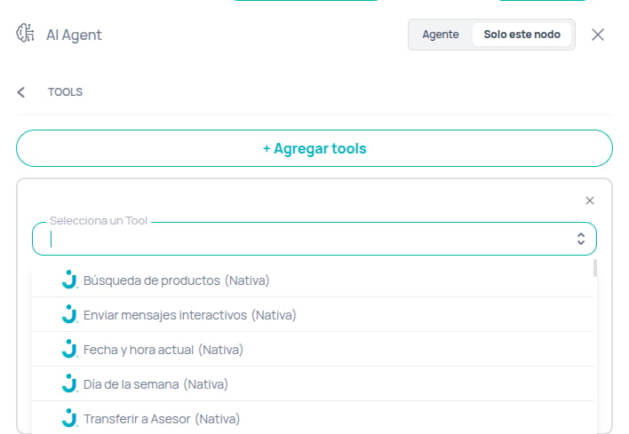 Native tools configuration in the AI Agent node