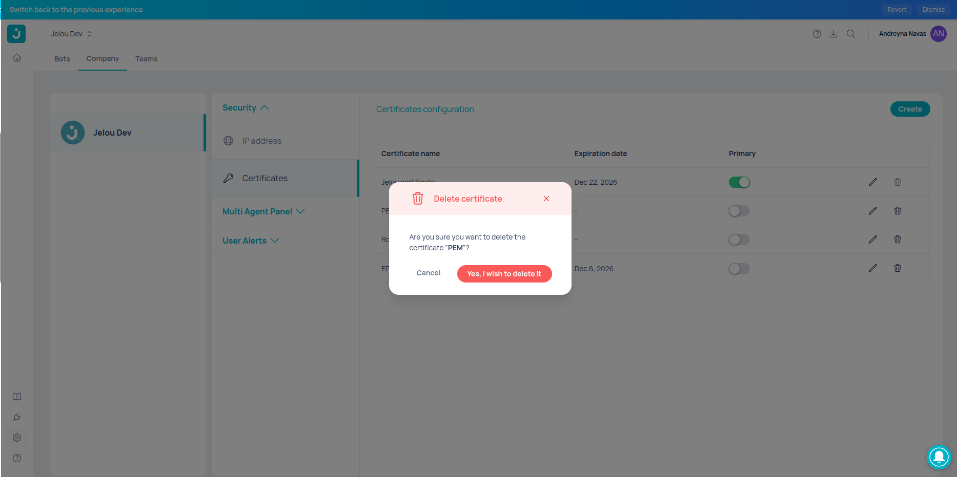 Modal de confirmación para eliminar un certificado mTLS