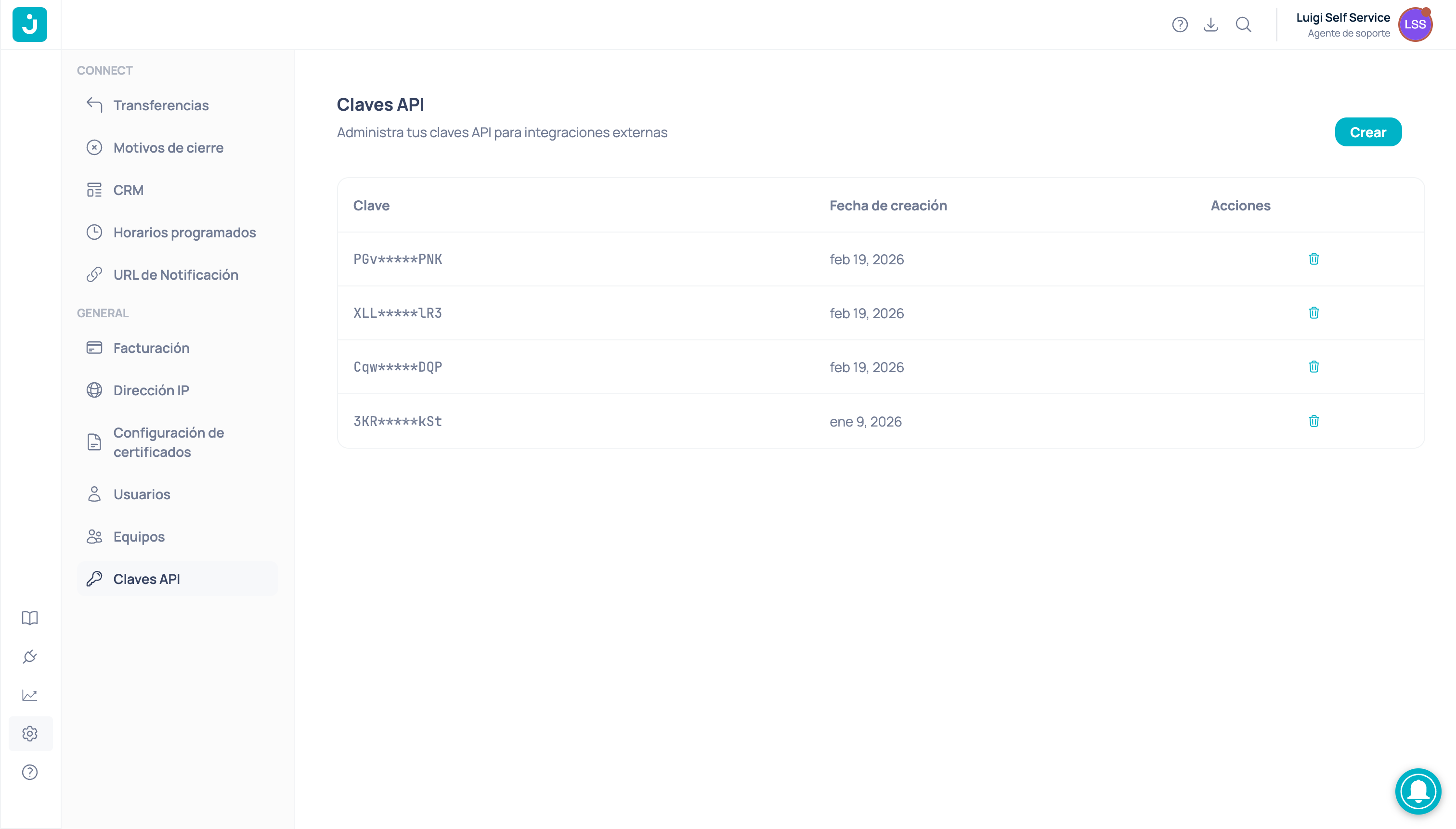 Vista de la tabla de Claves API mostrando las claves existentes con su fecha de creación y acciones disponibles
