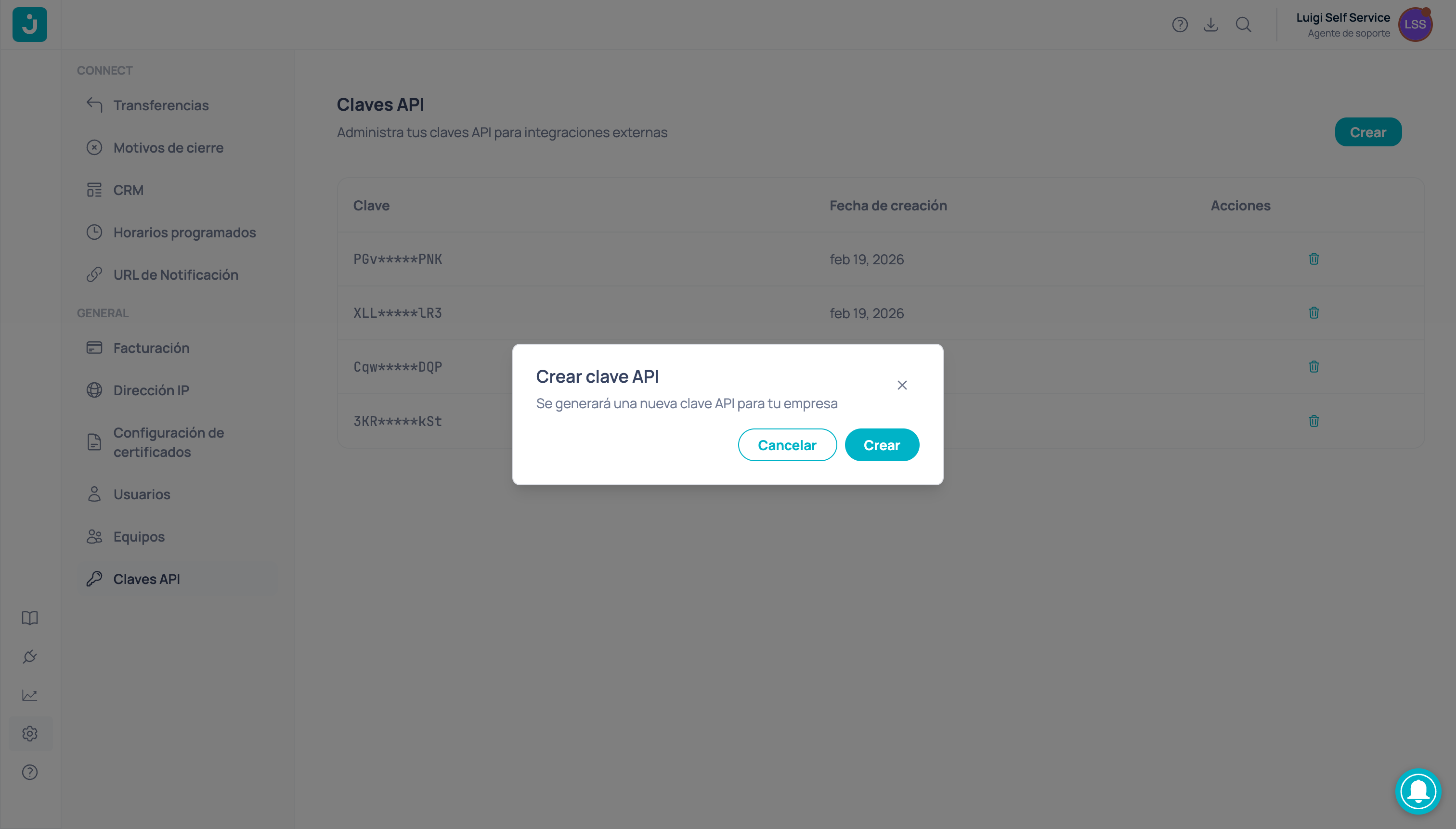 Diálogo de confirmación para crear una nueva clave API