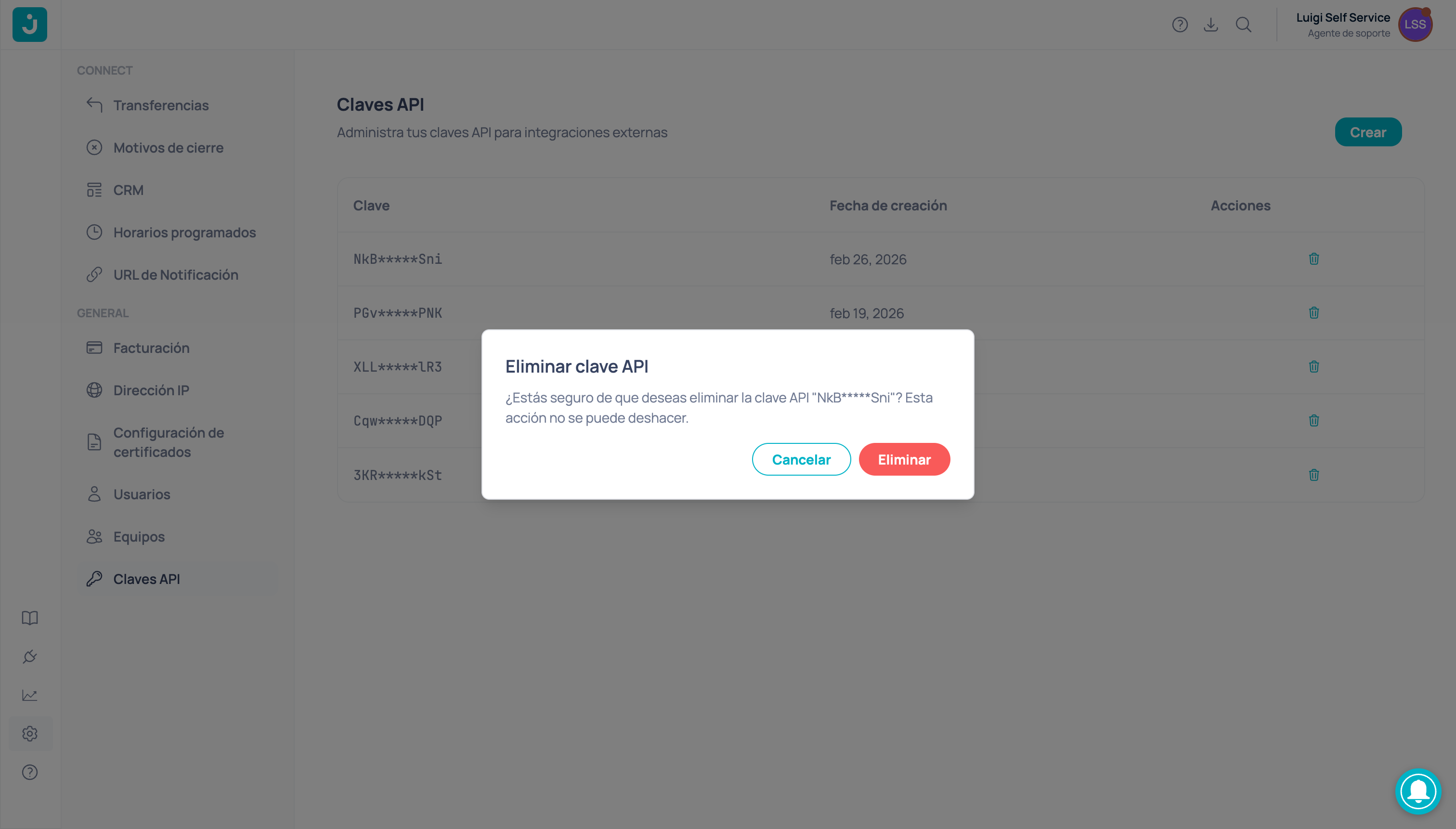 Diálogo de confirmación para eliminar una clave API, advirtiendo que la acción no se puede deshacer
