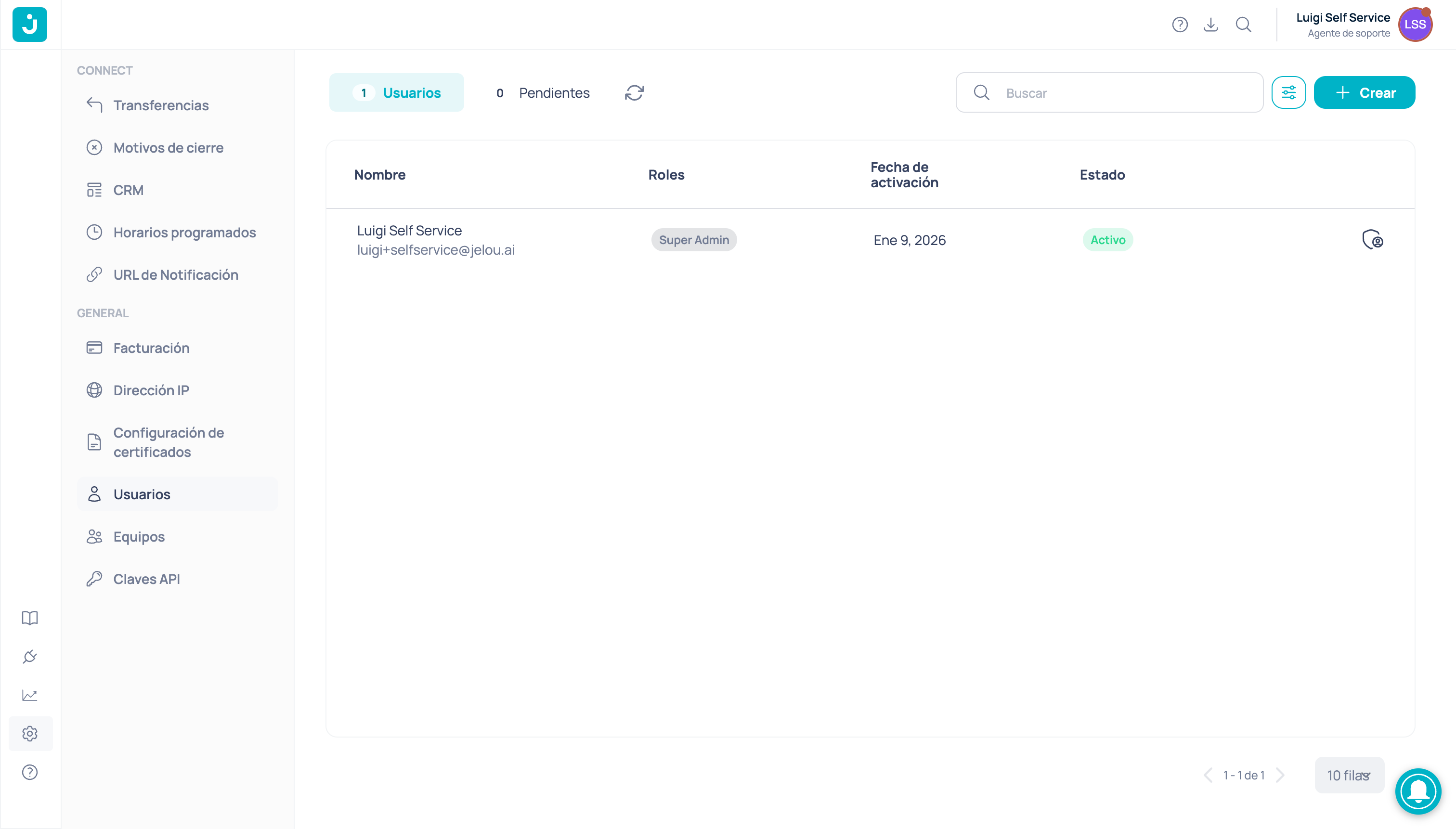 Menú lateral de Configuración mostrando la opción Claves API en la sección General
