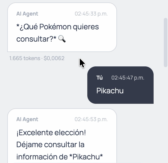 Burbuja del AI Agent con la línea 1.665 tokens · $0,0062 debajo