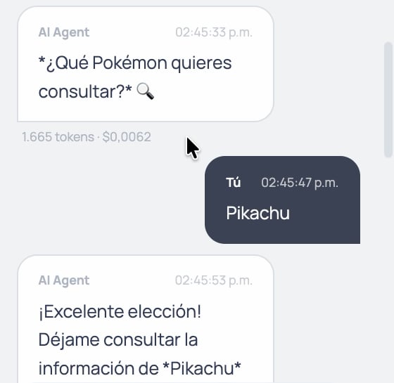 Burbuja del AI Agent con la línea 1.665 tokens · $0,0062 debajo
