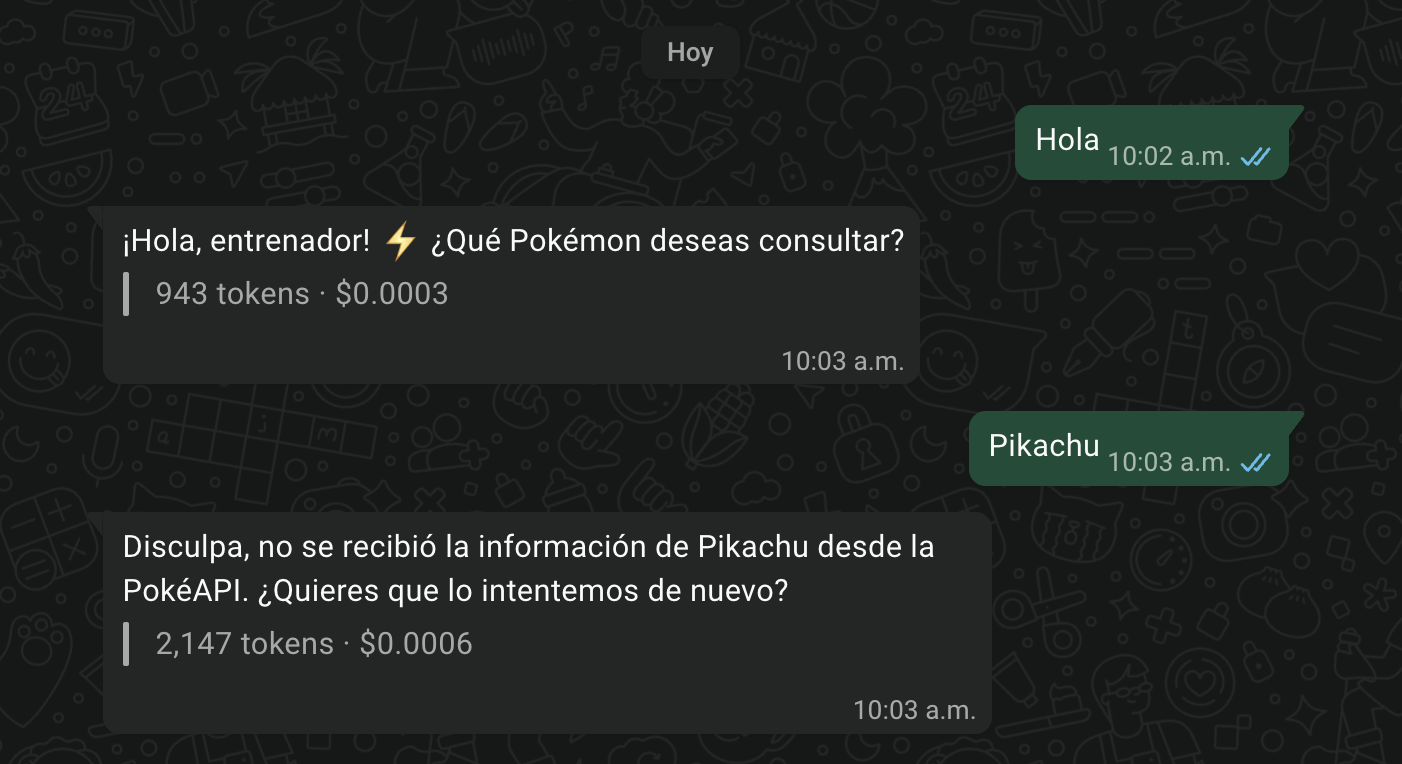 Dos respuestas del AI Agent en WhatsApp, cada una con una cita debajo del texto: 943 tokens · $0.0003 y 2,147 tokens · $0.0006