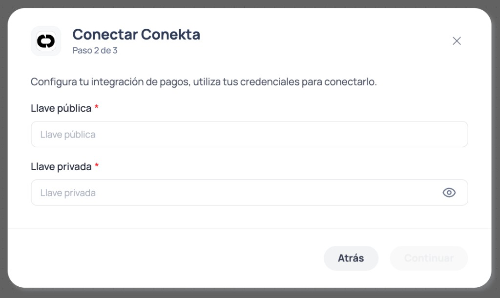 Brain Studio modal step 2 of 3 to enter Conekta public key and private key