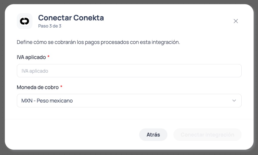 Brain Studio modal step 3 of 3 to configure VAT rate and MXN collection currency when connecting Conekta