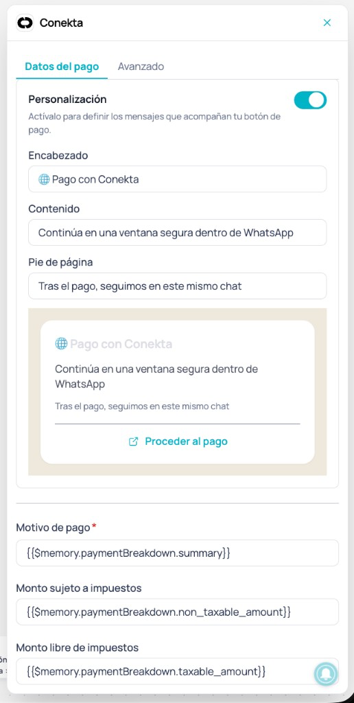 Panel lateral del nodo Conekta en la pestaña Datos del pago con Personalización activa, campos Encabezado, Contenido, Pie de página, vista previa del mensaje y montos del cobro