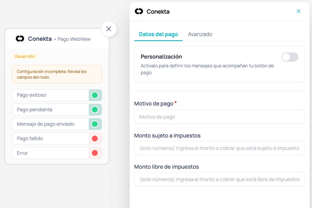 Nodo Conekta en Canvas con salidas del pago y panel lateral en la pestaña Datos del pago con Personalización desactivada