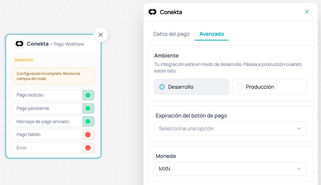 Conekta node Advanced side panel in Canvas with option to move the integration to production