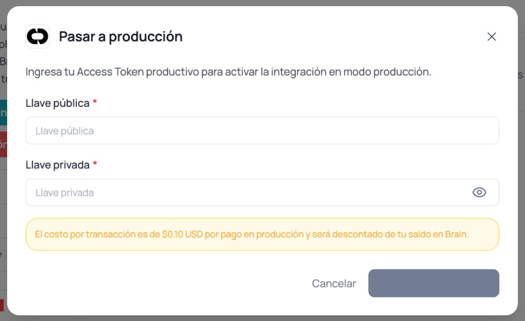 Brain Studio modal to move Conekta to production by entering production public key and private key